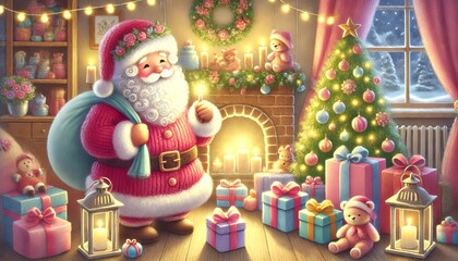 Santa Claus Enjoying the Magic of Christmas in a Warm, Pastel-Colored Storybook Scene with Gifts and a Cozy Glow