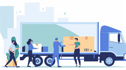 Efficient delivery service with workers loading boxes into truck, showcasing teamwork and organization in logistics