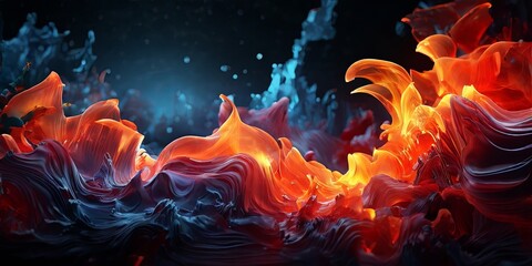 A colorful, abstract painting of flames and water