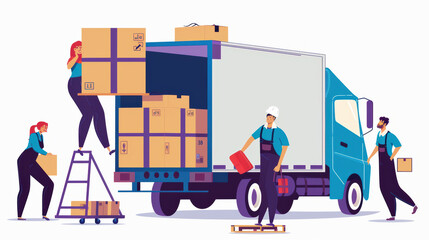 Efficient workers loading boxes into delivery truck, showcasing teamwork and organization in logistics. scene highlights importance of collaboration in transportation