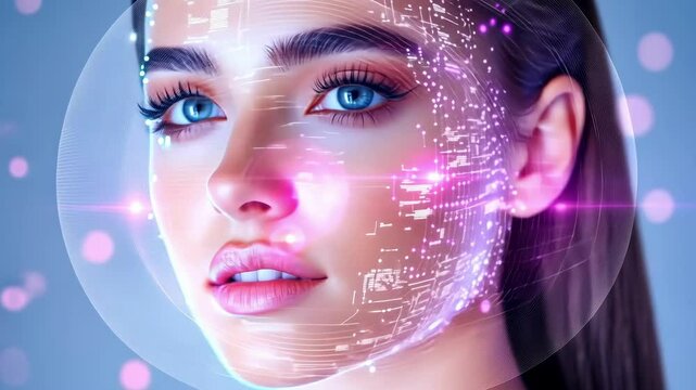 Futuristic digital face with neon lights and technological patterns