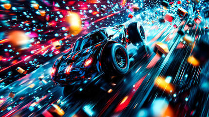 A futuristic black sports car speeds through a colorful digital space, leaving a trail of light and energy.