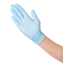 Hand in medical gloves making a welcoming gesture on an empty background. Friendly interaction, healthcare communication, positive engagement.