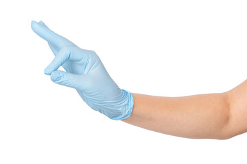 Hands in medical gloves with fingers interlaced and not holding anything on an empty background. Relaxation, mindfulness, healthcare themes.