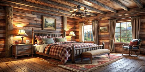 Fototapeta premium Rustic wooden cabin bedroom with warm textiles and antique furnishings