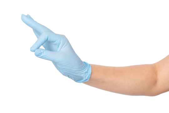 Hands in medical gloves with fingers interlaced and not holding anything on an empty background. Relaxation, mindfulness, healthcare themes.