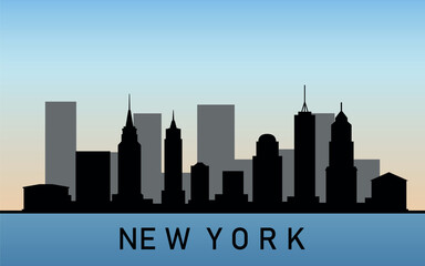 Obraz premium Black silhouette of New York city skyline with reflection in the water on the background of blue sky. Vector graphics