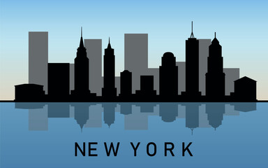 Naklejka premium Black silhouette of New York city skyline with reflection in the water on the background of blue sky. Vector graphics