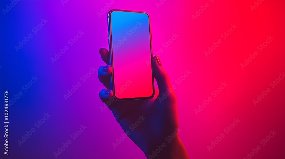 Wall mural hand holding smartphone in colorful neon light