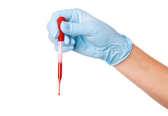 Hand in medical gloves holding a pipette with blood on an empty background. Laboratory testing,...
