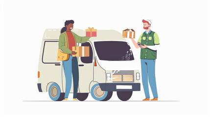 delivery person hands over packages to customer by delivery van, showcasing friendly exchange. scene captures essence of service and community