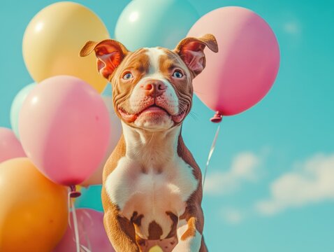 Puppy with a bunch of balloons in front of him