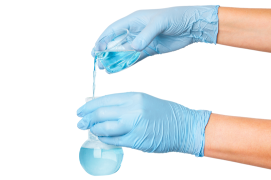 Hand in medical gloves pouring blue liquid from a flask on an empty background. Laboratory experiments, scientific research, healthcare applications.