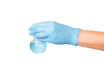 Hand in medical gloves holding a laboratory test tube with blue liquid on an empty background. Scientific analysis, laboratory testing, healthcare research.