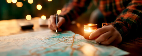 Planning budget friendly adventure trip, backpacker studies map while holding candle. warm glow creates cozy atmosphere, perfect for travel inspiration