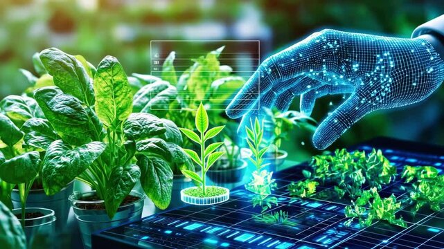 Futuristic ai integration in sustainable agriculture: digital hand tending hydroponic plants