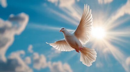 Obraz premium white dove flying gracefully in sky, illuminated by radiant rays of light, symbolizes peace and freedom. serene atmosphere enhances beauty of this moment