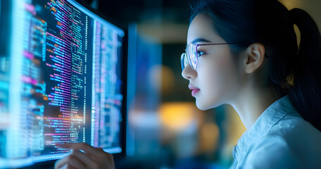 An Asian female freelancer with eyeglasses, typing a prompt via an AI bot, working on an IT app program, playing a video game, using a terminal with coding, designing a user interface, and managing