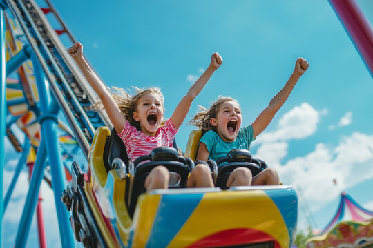 Two Girls Enjoying a Thrilling Roller Coaster Ride at an Amusement Park