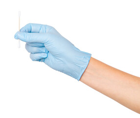 Hand in medical gloves holding a cotton swab on an empty background. Personal hygiene, healthcare applications, skincare routines.