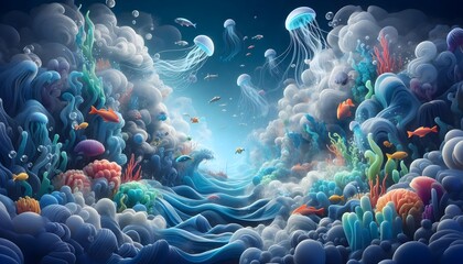 A deep-sea adventure where the ocean and its creatures are all made from dynamic sprays of paint. Fish and seaweed are rendered with flowing, wispy lines.