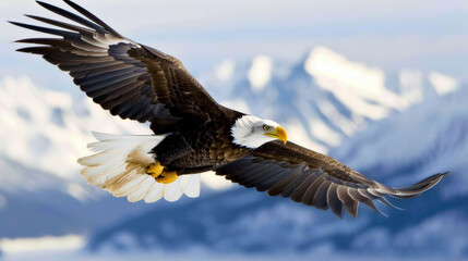 Obraz premium Majestic eagle soaring through sky with outstretched wings, showcasing its powerful presence against backdrop of snow capped mountains. scene captures beauty and grace of this magnificent bird in