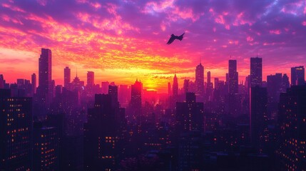 Fototapeta premium Sunset over a city skyline with vibrant colors and a silhouette.