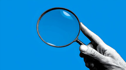 A hand holding a magnifying glass against a blue background.