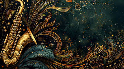 Obraz premium A flyer filled with intricate beaded patterns from vintage flapper gowns, feathered headbands, and jazz symbols like saxophones and musical notes. 