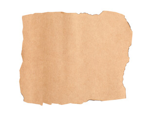 Old kraft paper with dark burnt borders isolated on white, top view