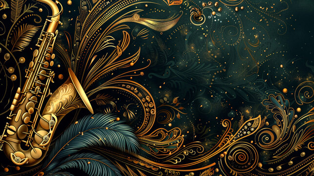 A flyer filled with intricate beaded patterns from vintage flapper gowns, feathered headbands, and jazz symbols like saxophones and musical notes. 