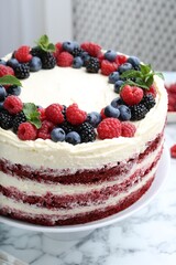 Tasty sponge cake with different berries and mint on white marble table, closeup