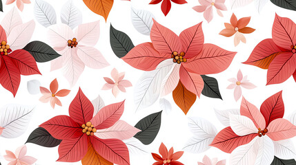 Delicate watercolor poinsettias in soft red and white create vibrant floral pattern, perfect for seasonal decor and festive celebrations
