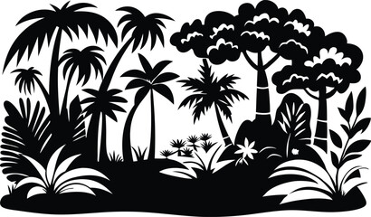 Rain Forest landscape silhouettes set, isolated flat vector illustration on white background.