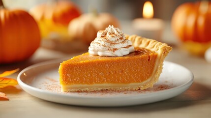 Delicious pumpkin pie slice with whipped cream
