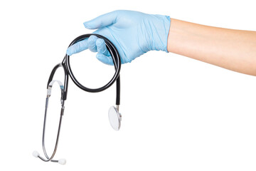 Hand in medical gloves holding a stethoscope on an empty background. Medical examination, healthcare assessment, doctor&rsquo;s tools.