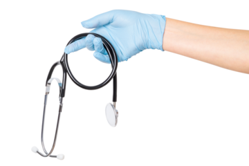 Hand in medical gloves holding a stethoscope on an empty background. Medical examination, healthcare assessment, doctor’s tools.