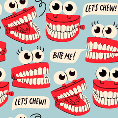 Jumping chattering Teeth. Cute funny characters. Clockwork toy with eyes and teeth. Hand drawn trendy Vector illustration. Square seamless Pattern, background, wallpaper