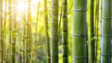 Obraz premium Bamboo stalks stand tall in serene forest, illuminated by soft sunlight filtering through leaves, creating peaceful and tranquil atmosphere