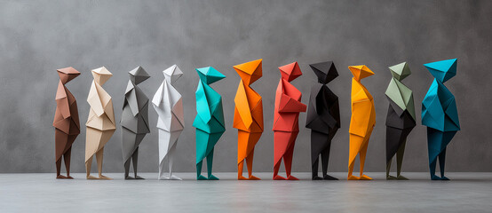 Colorful origami figures in various shades stand in line, showcasing creativity and craftsmanship. Each figure has unique color, adding vibrancy to composition