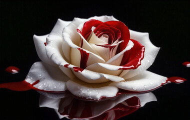 White rose covered with blood on a black background