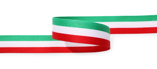 Ribbon in colors of Italian flag isolated on white, top view