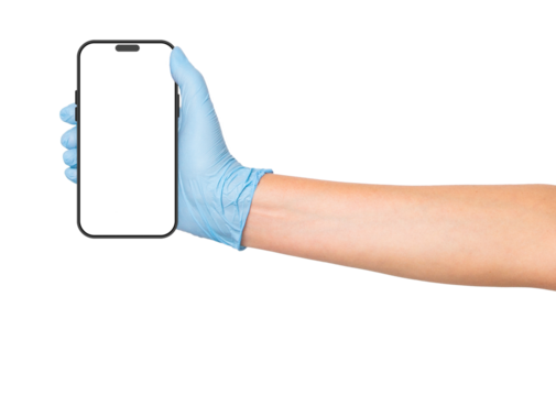 Hand in medical gloves holding a smartphone on an empty background. Telehealth, medical consultations, healthcare communication.