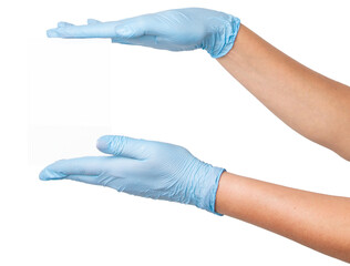 Hands in medical gloves holding a glass on an empty background. Laboratory use, healthcare testing, medical analysis.