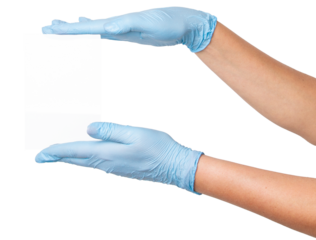 Hands in medical gloves holding a glass on an empty background. Laboratory use, healthcare testing, medical analysis.