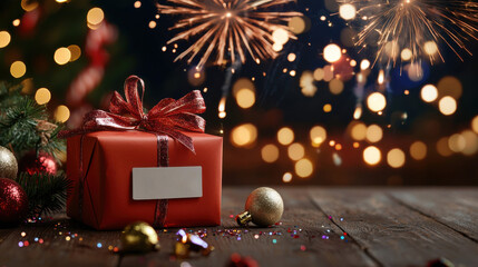 Festive Gift with Fireworks and Holiday Background