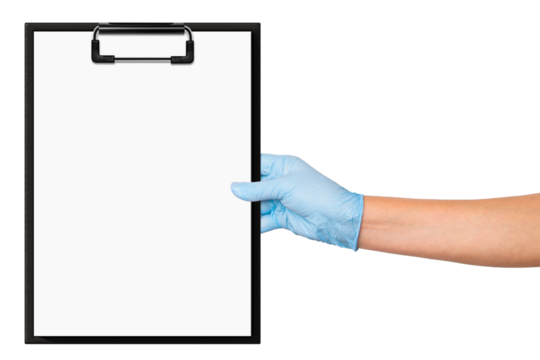 Hand in medical gloves holding a clipboard with notes on an empty background. Medical documentation, healthcare communication, patient records.