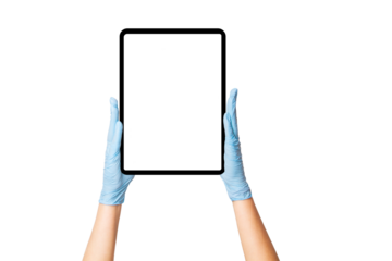 Hands in medical gloves holding an electronic tablet on an empty background. Telemedicine, healthcare applications, digital health solutions.