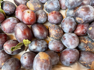 Fresh organic plums displayed for sale at farmers market: a vibrant array of harvested autumn fruits