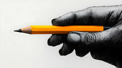 A hand holding an orange pencil against a light background.